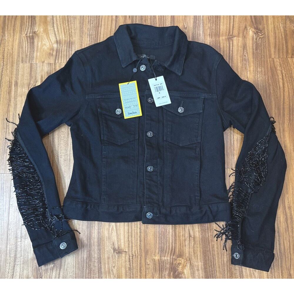 Seven 7 For All Mankind Black Denim Crop Jean Jacket Size M Fringed Arms NWT NEW - Picture 2 of 6